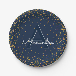 Navy Blue und Gold Confetti Monogram Birthday Pappteller