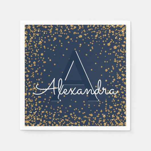 Navy Blue und Gold Confetti Monogram Birthday Serviette (Vorderseite)