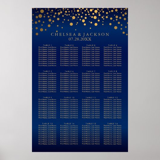 Navy Blue und Gold Confetti Punkte 16 Seating Char Poster (Vorne)