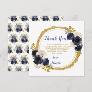 Navy Blue und Gold Elegante Blume 16 . Geburtstag Dankeskarte