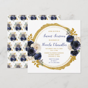 Navy Blue und Gold Elegante Blume 16 . Geburtstag Einladung