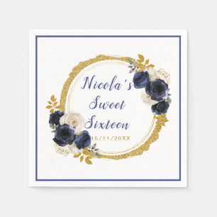 Navy Blue und Gold Elegante Blume 16 . Geburtstag Serviette