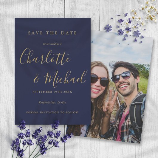 Navy Blue und Gold-elegante Signature-Script-Foto Save The Date