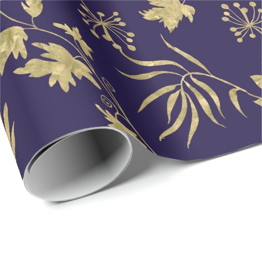 Navy Blue und Gold farbene Pflanze und Blätter Geschenkpapier (Rolleneckpunkt)