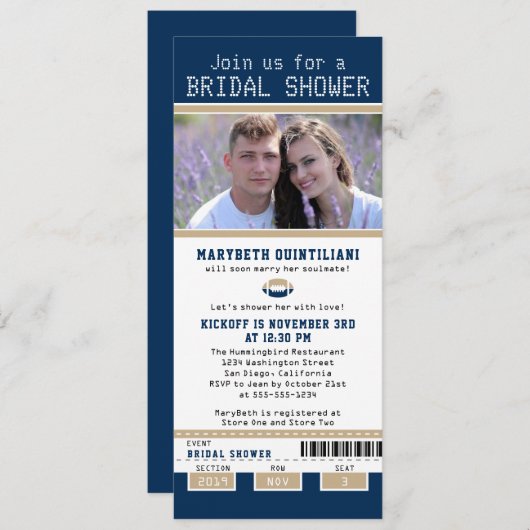 Navy Blue und Gold Football Ticket Brautparty Einladung (Vorne/Hinten)