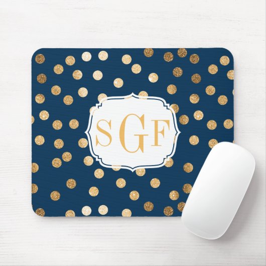 Navy Blue und Gold Glitzer Dots Mit Monogramm Mousepad (Mit Mouse)