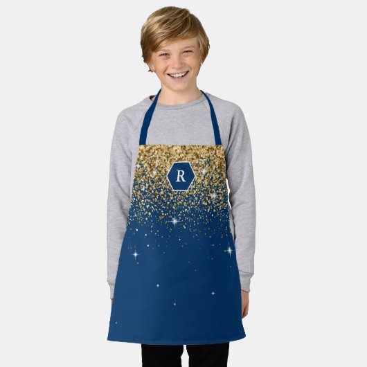 Navy Blue und Gold Glitzer Modern Hexagon Monogram Schürze (Getragen)
