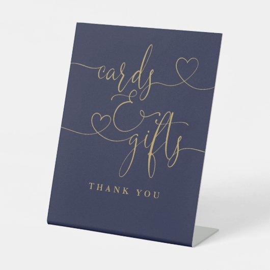Navy Blue und Gold Heart Script Cards und Geschenk Sockelschild (Vorderseite)