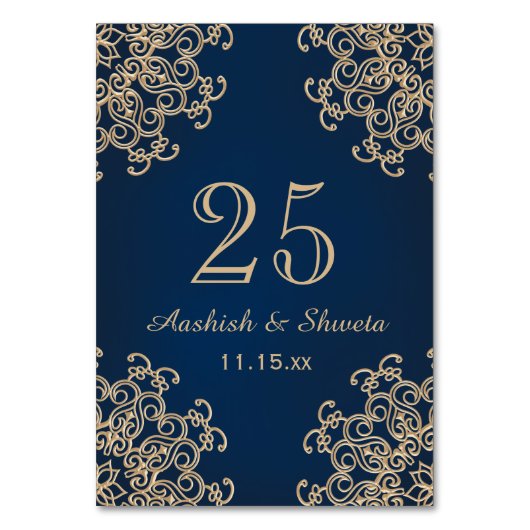 Navy Blue und Gold Indian Style Wedding Number Tischnummer (Rückseite)