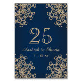 Navy Blue und Gold Indian Style Wedding Number Tischnummer (Vorderseite)