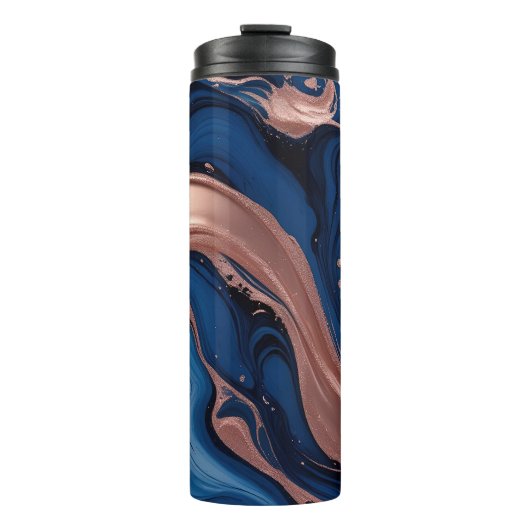Navy Blue und Gold Liquid Marmor Abstrakt Thermosbecher (Vorderseite)