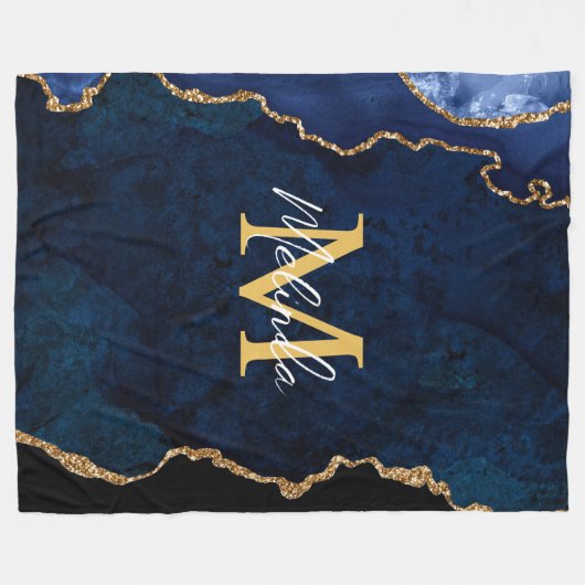 Navy Blue und Gold Marmor Agate Fleecedecke (Vorderseite (Horizontal))
