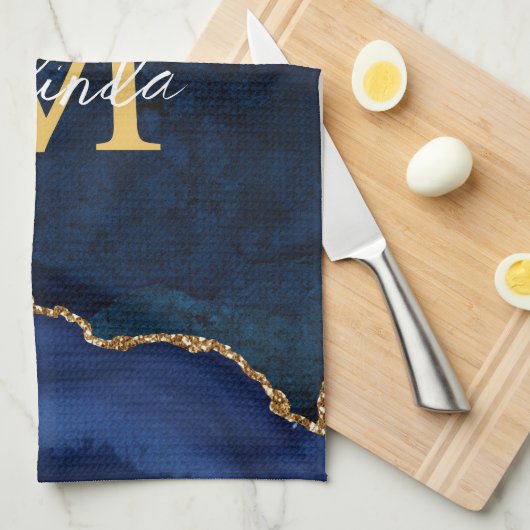 Navy Blue und Gold Marmor Agate Geschirrtuch (Viertel Falte)