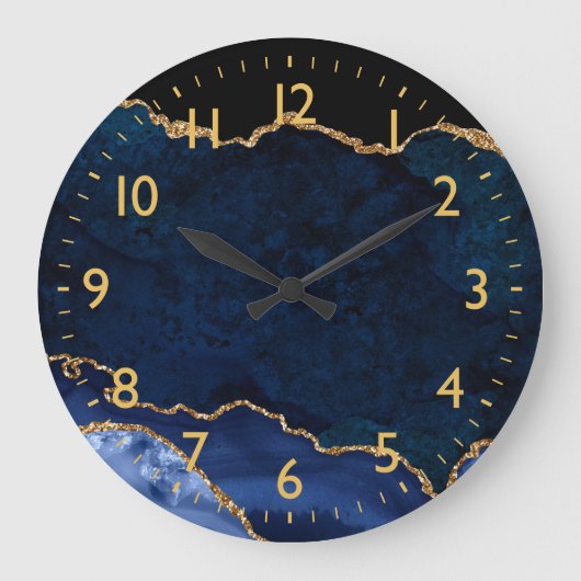 Navy Blue und Gold Marmor Agate Große Wanduhr (Vorderseite)