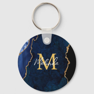 Navy Blue und Gold Marmor Agate Schlüsselanhänger