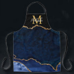 Navy Blue und Gold Marmor Agate Schürze<br><div class="desc">Diese Schürze besticht durch einen eleganten und glamourösen Marmorhintergrund mit geode gemstone Details und Imitaten goldenen Glitzer Akzente. Das Monogramm kombiniert handgeschriebene Skripte mit modernen serifenlosen Schriftart für ein elegantes und raffiniertes Aussehen. Dies wird das ideale Geschenk, da es mit einem Namen und Initial angepasst werden kann. Die tiefen blauen...</div>