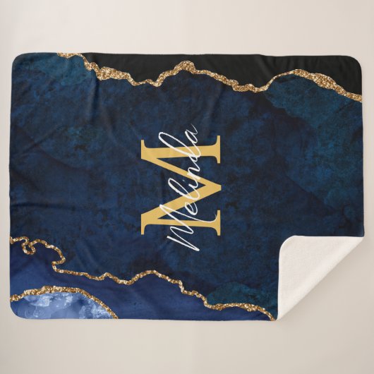 Navy Blue und Gold Marmor Agate Sherpadecke (Vorderseite (Horizontal))