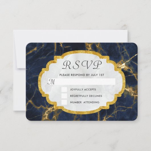 Navy Blue und Gold Marmor Moderne, stilvolle Hochz RSVP Karte (Vorderseite)