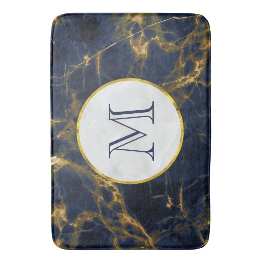 Navy Blue und Gold Marmor Moderne, stilvolle Monog Badematte (Vorderseite Vertikal)