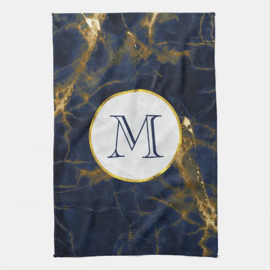 Navy Blue und Gold Marmor Moderne, stilvolle Monog Geschirrtuch (Vertikal)