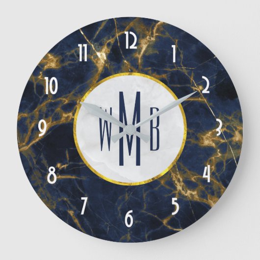 Navy Blue und Gold Marmor Moderne, stilvolle Monog Große Wanduhr (Vorderseite)