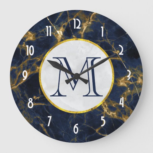 Navy Blue und Gold Marmor Moderne, stilvolle Monog Große Wanduhr (Vorderseite)