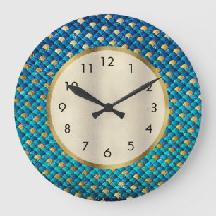 Navy Blue und Gold Mermaid Scales Große Wanduhr