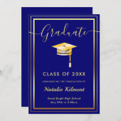 Navy Blue und Gold Moderne Graduate Cap Abschluss Ankündigung (Vorne/Hinten)