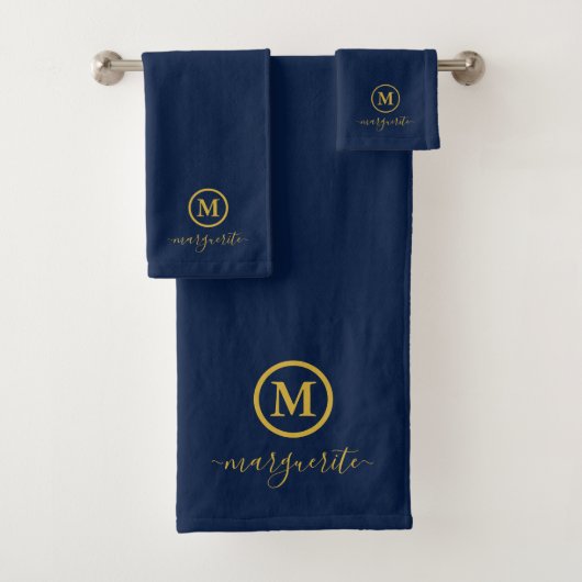 Navy Blue und Gold Monogram Badhandtuch Set (Insitu)