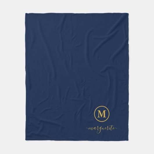 Navy Blue und Gold Monogram Fleecedecke (Vorderseite)