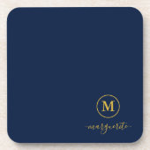 Navy Blue und Gold Monogram Getränkeuntersetzer (Vorderseite)