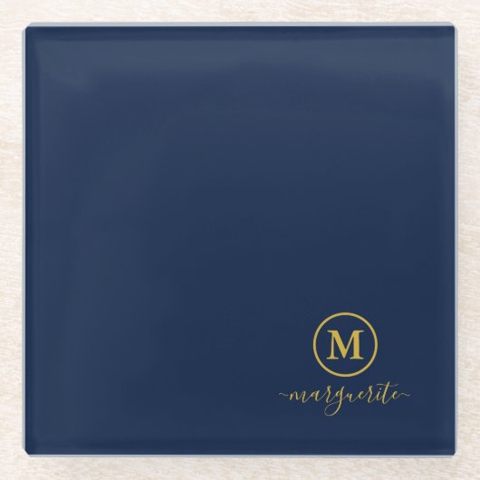 Navy Blue und Gold Monogram Glasuntersetzer (Vorderseite)