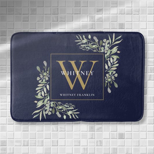 Navy Blue und Gold Monogram Greenerity Blätter Badematte