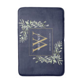 Navy Blue und Gold Monogram Greenerity Blätter Badematte (Vorderseite Vertikal)