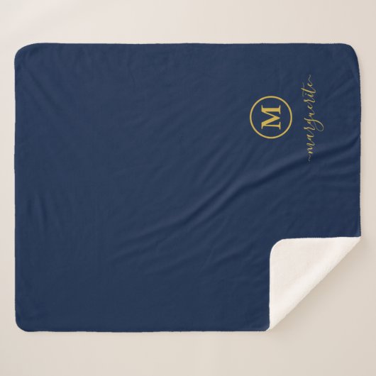 Navy Blue und Gold Monogram Sherpadecke (Vorderseite (Horizontal))