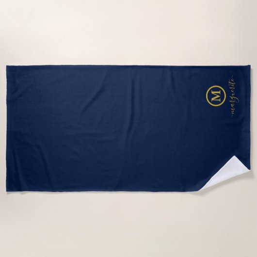 Navy Blue und Gold Monogram Strandtuch (Vorderseite)