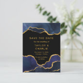 Navy Blue und Gold Painted Agate Save the Date Pos Postkarte (Stehend Vorderseite)