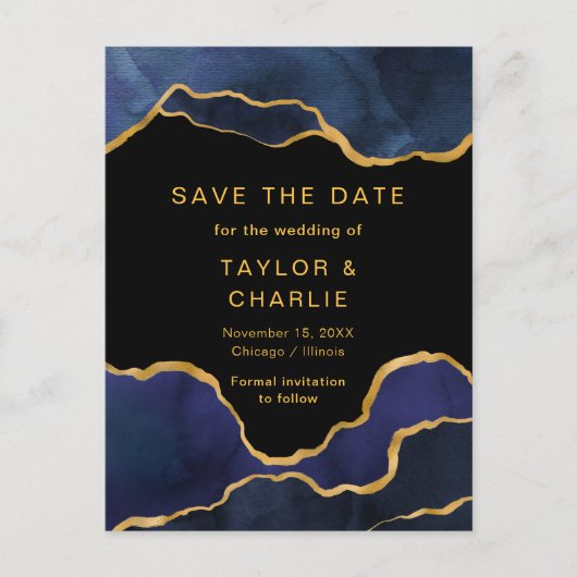 Navy Blue und Gold Painted Agate Save the Date Pos Postkarte (Vorderseite)