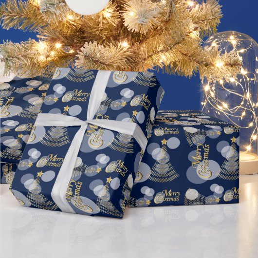 Navy Blue und Gold Scribble Weihnachtsbaum Geschenkpapier (Feiertage)