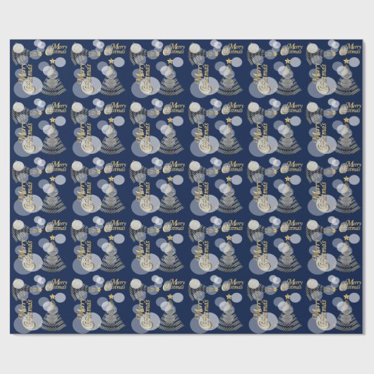 Navy Blue und Gold Scribble Weihnachtsbaum Geschenkpapier (Flach)
