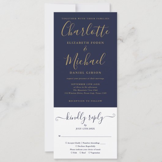 Navy Blue und Gold Script in einer Hochzeit Einladung (Vorderseite)