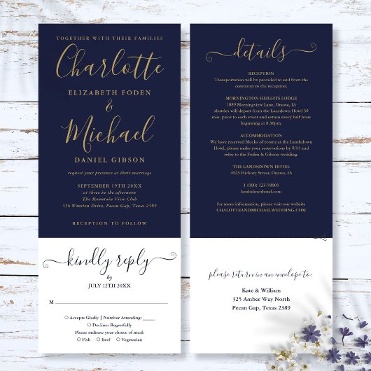 Navy Blue und Gold Script in einer Hochzeit Einladung
