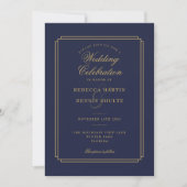 Navy Blue und Gold Script QR Code Art Deco Hochzei Einladung (Vorderseite)