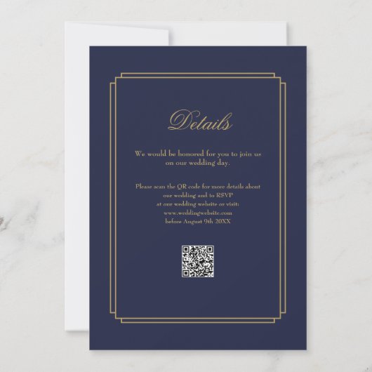 Navy Blue und Gold Script QR Code Art Deco Hochzei Einladung (Rückseite)