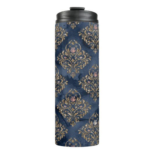 Navy Blue und Gold Vintag Damask Muster Thermosbecher (Vorderseite)