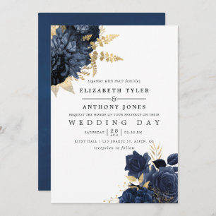 Navy Blue und Gold Vintag Shabby Rose Hochzeit Einladung