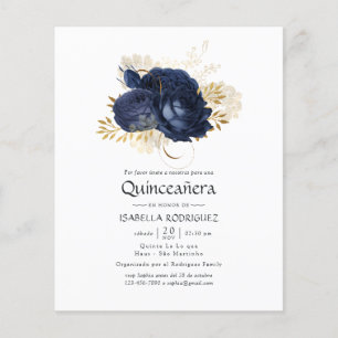 Navy Blue und Gold Vintage Rose Quinceañera Einlad Flyer
