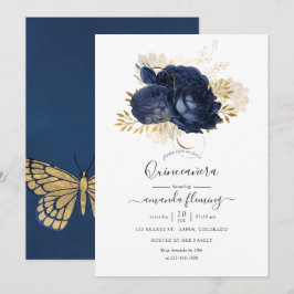 Navy Blue und Gold Vintage Rose Quinceañera Einladung
