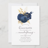 Navy Blue und Gold Vintage Rose Quinceañera Einladung (Vorderseite)