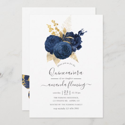 Navy Blue und Gold Vintage Rose Quinceañera Einladung (Vorne/Hinten)
